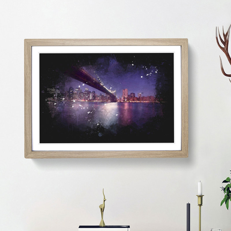 Brooklyn Bridge in New York City - Picture Frame Painting Print, Oak Framed, 33cm H x 45cm W x 2cm D
