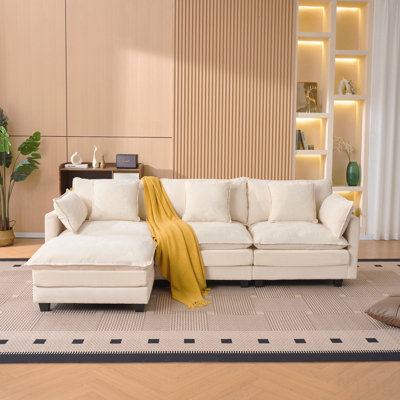 Canapé 3 places de couleur beige avec repose-pieds avec rangement pour salon, chambre à coucher, chambre compacte, canapé modulaire rembourré, banc en L avec repose-pieds