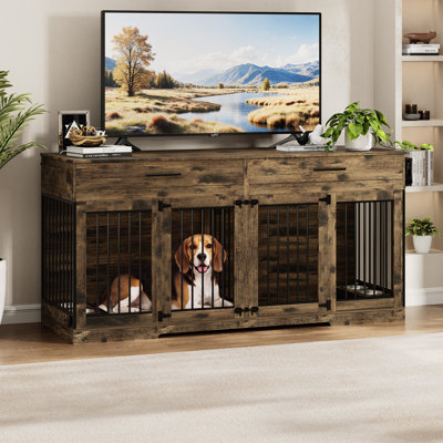 Wooden Dog Crate Furniture With Reinforced Divider And 2 Drawers And 2 Dog Bowls