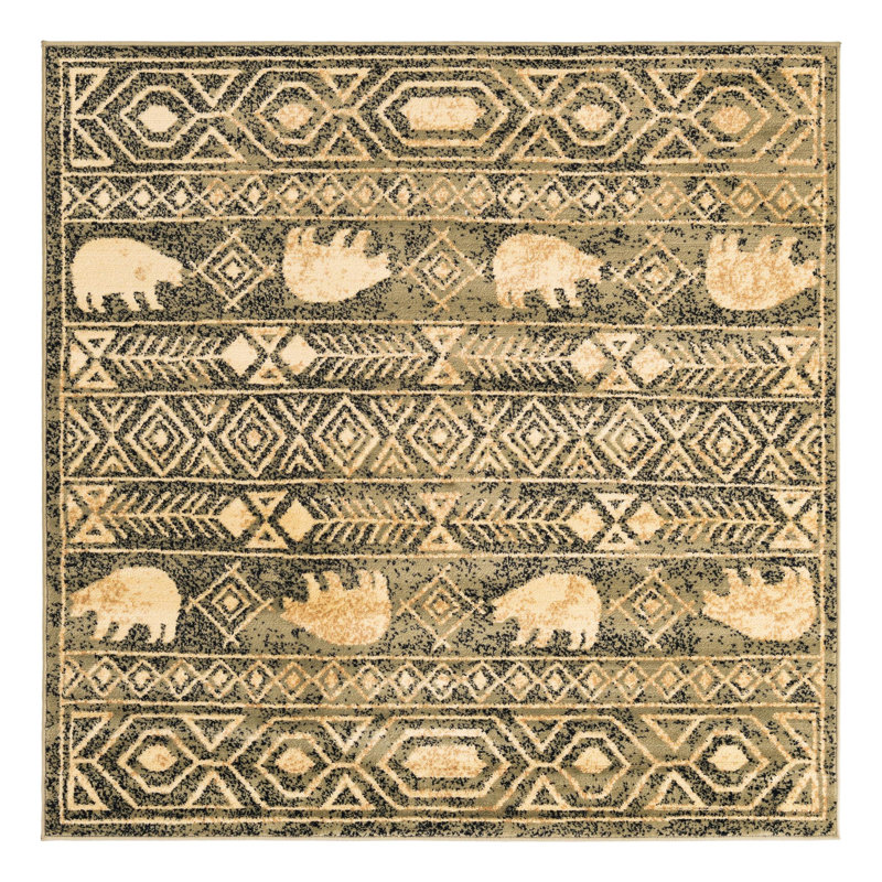 Tapis vert / noir / beige Ieshaa, Carré 5 pi 3 po