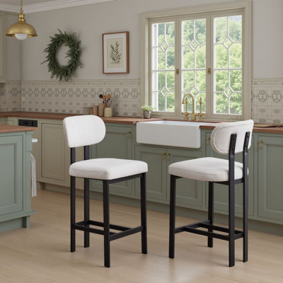 ??Set of 2 Modern Bar Stools - 26" Upholstered Fabric Seats, Black Metal Legs, Easy Clean?