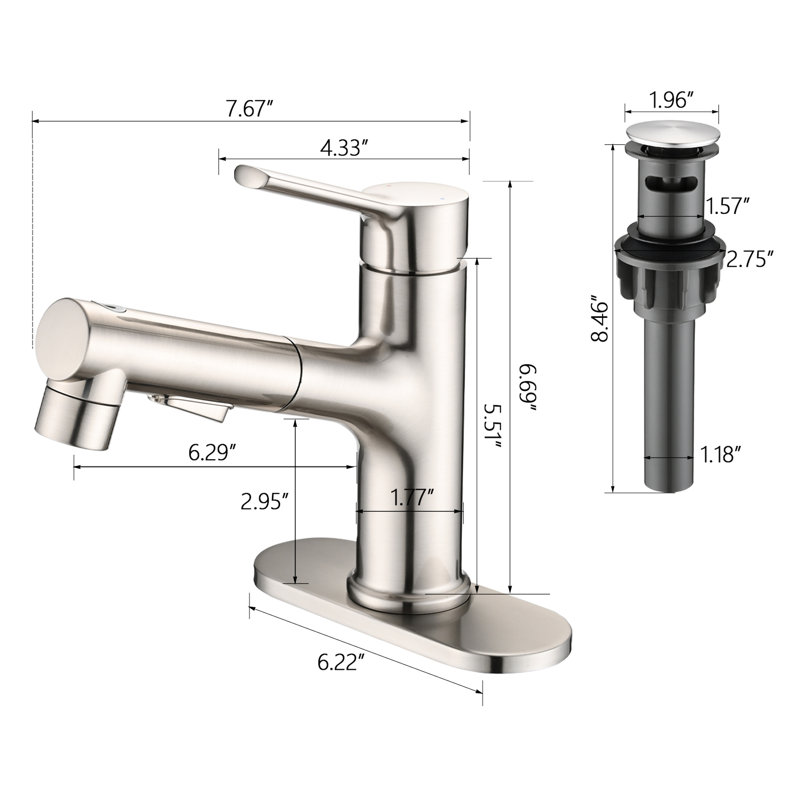 Modern Bathroom Sink Faucet With Pull Out , Single Handle, Brushed Nickel Finish And Pop-Up Drain Stopper Deck Plate Tap, Contemporary Style &