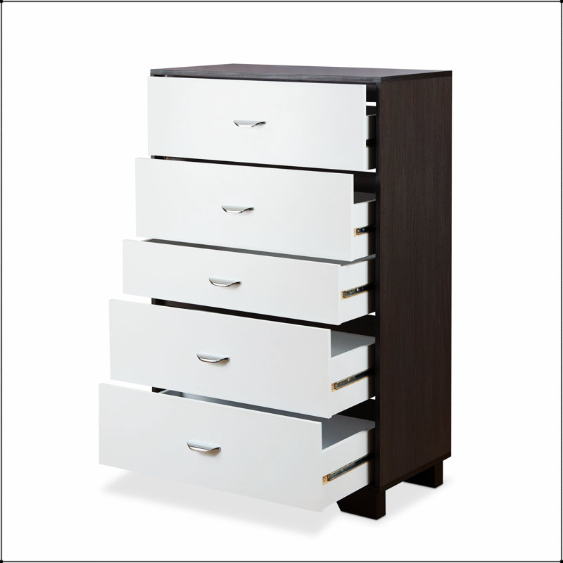 Commode 5 tiroirs Eloy à finition blanche et espresso avec rangement spacieux et fabrication durable pour les chambres modernes