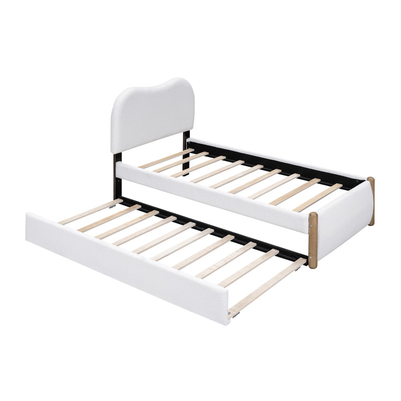 Lit plateforme simple tapissier avec pieds de support en bois et lit gigogne simple, blanc, Lit simple