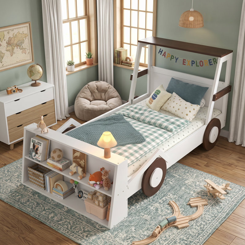 Lit voiture simple en bois de pin avec tablettes de rangement l 40,6 po x P 85,6 po x H 42,5 po Bonwell