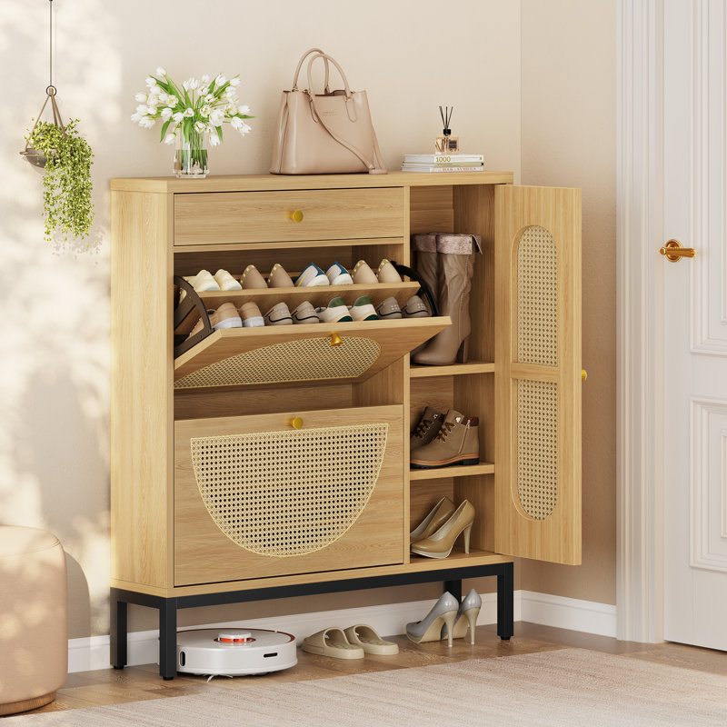 Armoire de rangement pour chaussures 20 paires avec 2 tiroirs rabattables et tablettes réglables, Bois naturel