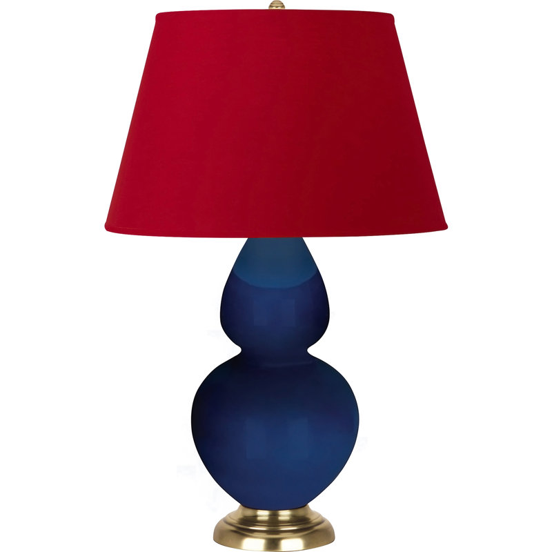Lampe de table double gourde en céramique, Cobalt verni / laiton, Blanc cassé, Laiton