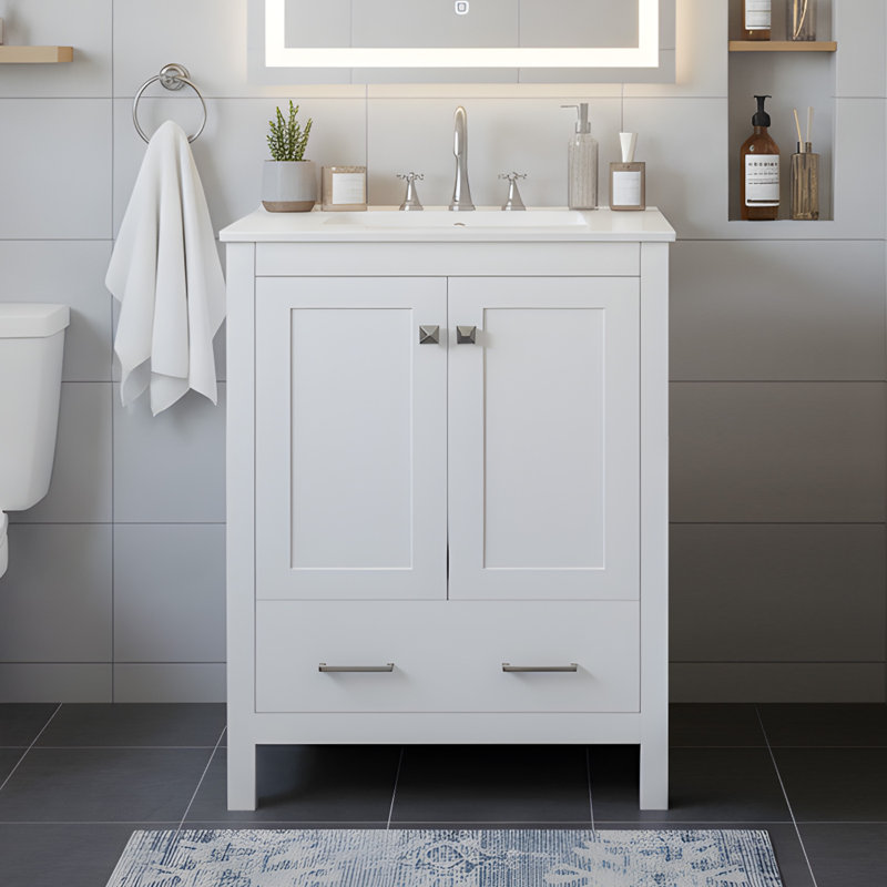 24" Bathroom Vanity Cabinet With Ceramic Sink, White