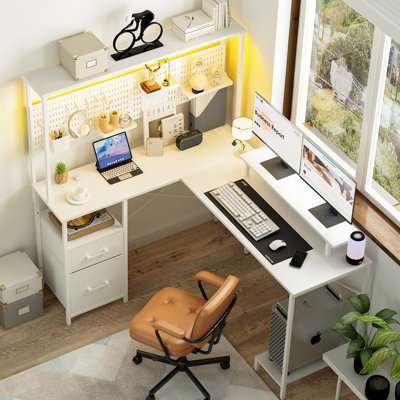 L-shaped Computer Desk With Power Outlets And Pegboard, Reversible Led Office Desk With Drawes And Storage Shelves, Gaming Desk With Monitor Stand by Wrought Studio