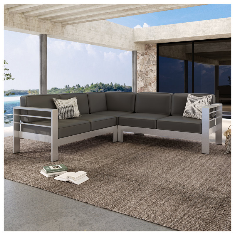 Ensemble modulaire d'extérieur en aluminium pour 4 personnes avec tissu imperméable de couleur kaki et gris argenté