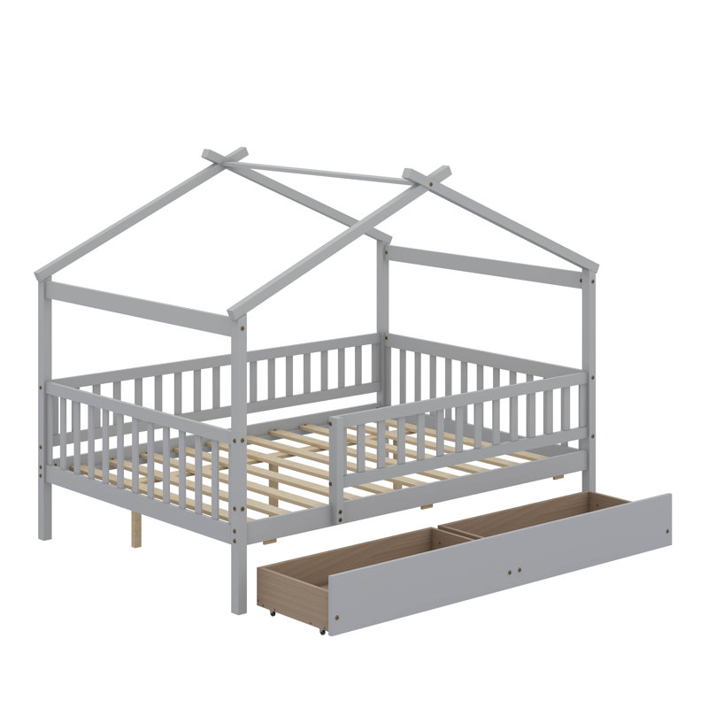 Lit double en bois avec tiroirs, Gris