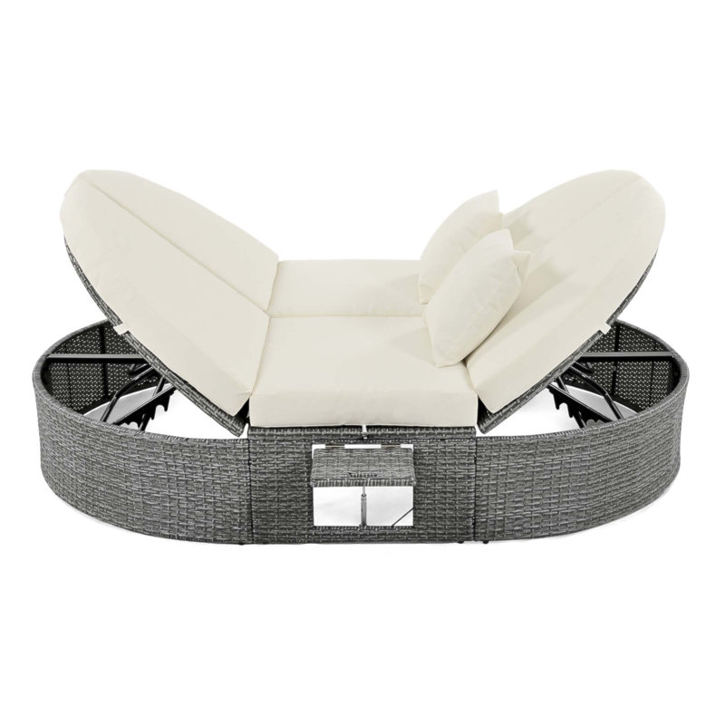 Outdoor Sun Bed Patio 2-Person Daybed With Cushions And Pillows, Rattan Garden Reclining Chaise Lounge With Adjustable Backrests And Foldable Cup Trays For Lawn, Poolside