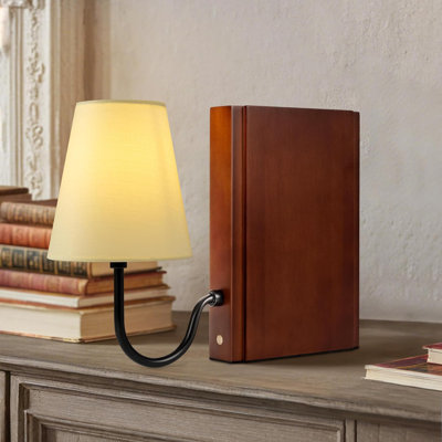 Wooden Bookshelf Lamp With Bulb, Cordless Rechargeable Touch Dimmable Table Lamp, Linen Fabric Shade, Battery Operated, Modern Decorative Bookend For Home Office Bedroom