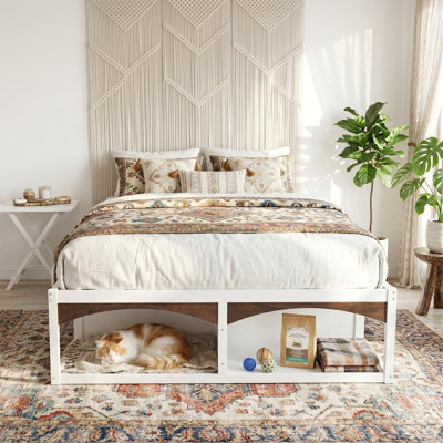 King Bed Frame with Storage Drawers, No Headboard Platform Bed, Pet-Friendly Design, No Box Spring Needed, Modern Minimalist Style-White