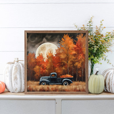 «Camion noir avec lune d'automne» sur bois