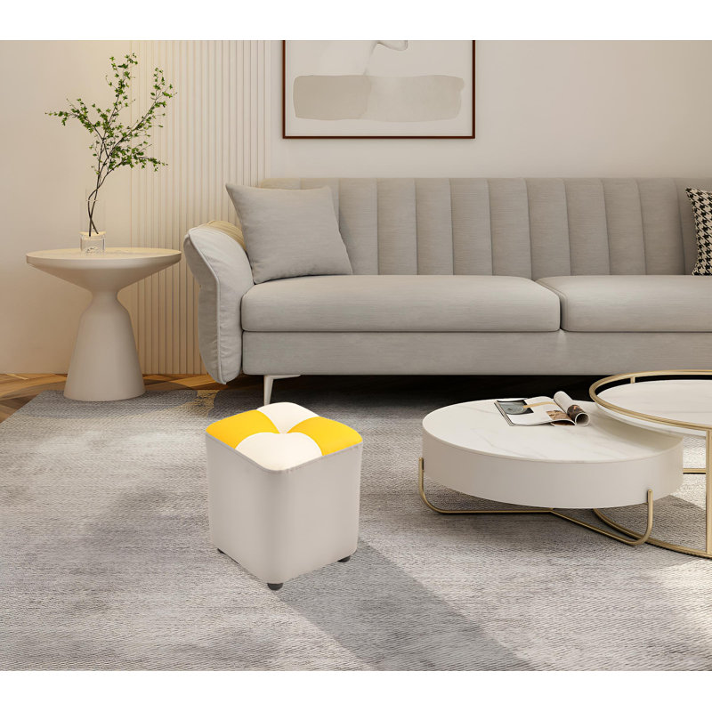 Evetts Solid Wood Accent Stool, Gray, Yellow/White