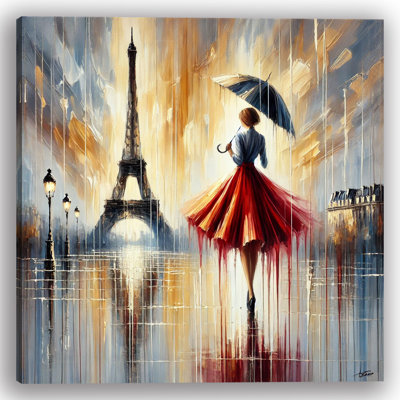 Timeless Walk in Paris Rain Wrapped Canvas Wall Art