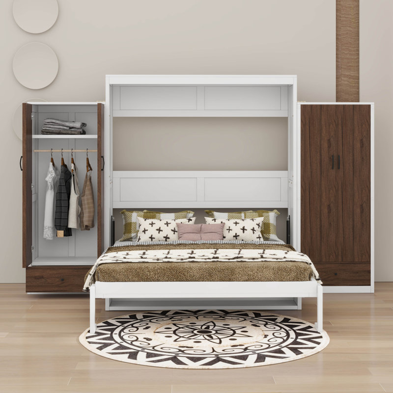 Grand lit escamotable à armoire avec lumières DEL, tiroirs et table