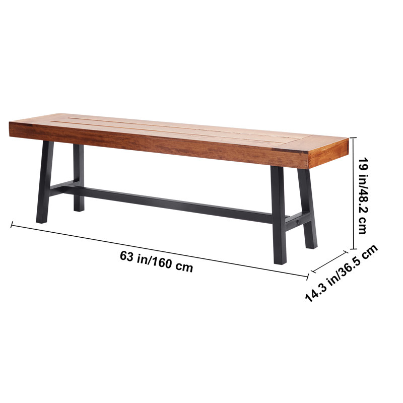 63-Inch Brown Wood and Black Metal Outdoor Bench