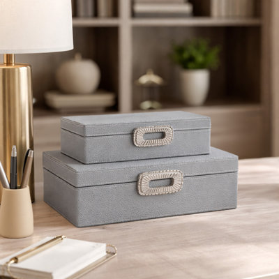Decorative Rectangular Fabric Storage Boxes with Lids for Cabinet Display - Modern Organizer Keepsake Box for Home Decor - Set of 2, 12", 10", Blue & Gray