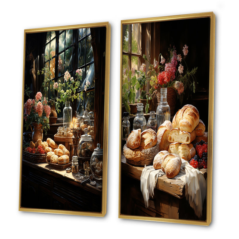Ensemble de 2 décorations murales petit-déjeuner élégantes et savoureuses déjeuner, H 28 po x l 25 po, Cadre flottant doré