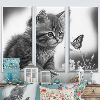 Digital Drawing Of Little Kitten With Butterfly IV " Digital Drawing Of Little Kitten With Butterfly IV " 3 - Pieces