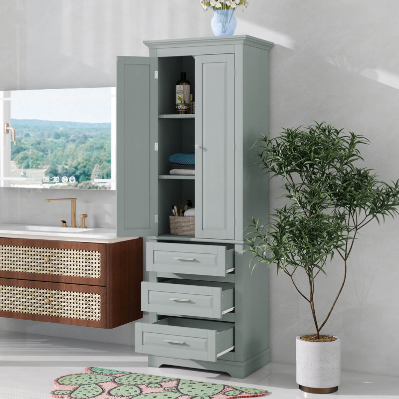 Grande armoire de rangement étroite avec portes, tiroirs et tablettes réglables, armoire de rangement en bois pour salle de bain cuisine de bureau
