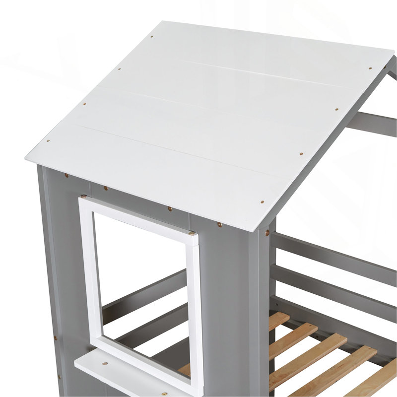 Twin Over Twin Bunk Bed Wood Bed With Roof, Window, Guardrail, Ladder