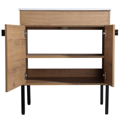 Armoire de salle de bain autoportante de 30 pouces avec fermeture en douceur et meuble en métal améliorant le rangement en chêne imitation