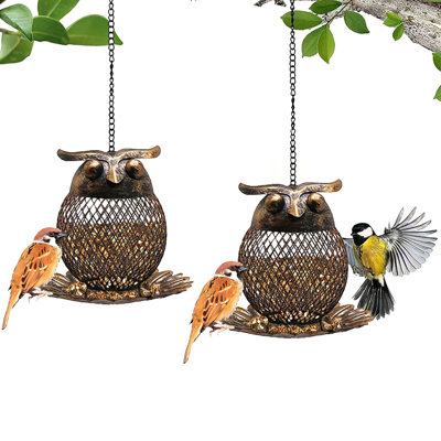2 mangeoires d'oiseaux pour l'extérieur, mangeoire d'oiseaux sauvages à suspendre en métal avec crochet pour l'extérieur de la cour de jardin, mangeoire en forme de hibou en maille pour oiseau