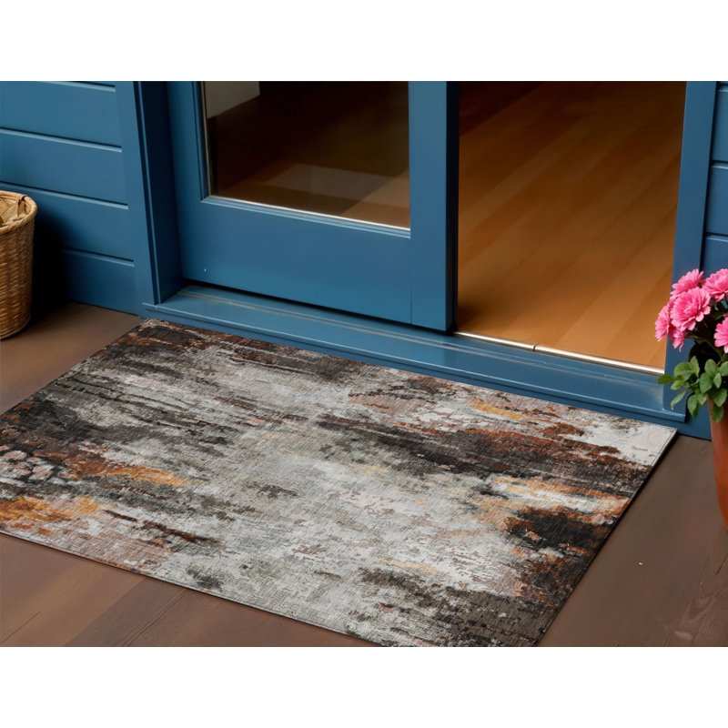 Tapis extérieur gris lavable abstrait rouille et ivoire 3 pi x 5 pi