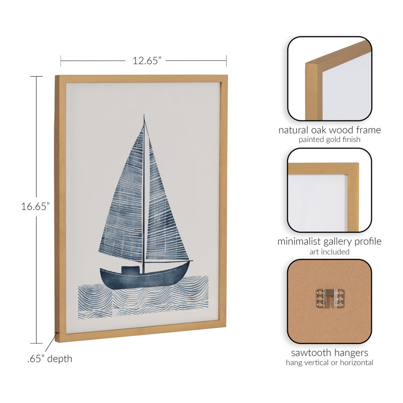 «Nautical Blue Sailboat» par The Creative Bunch Studio, reproduction d'art encadrée, Cadre doré, H 12,65 po x l 16,65 po