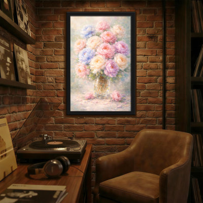 Plantes et fleurs roses pastel dans un vase en verre, reproduction d'art