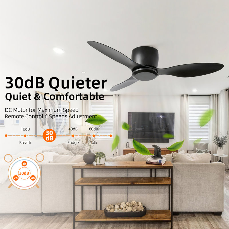 42 In. 3-Blade Indoor Flush Mount Ceiling Fan With Remote Control, Reversible Dc Motor, 6 Speeds, 42" Wide, Black