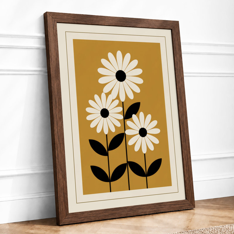 Three Daisies Ascending Retro - Framed Print, A4 - 29.7 x 21.0 cm, Walnut