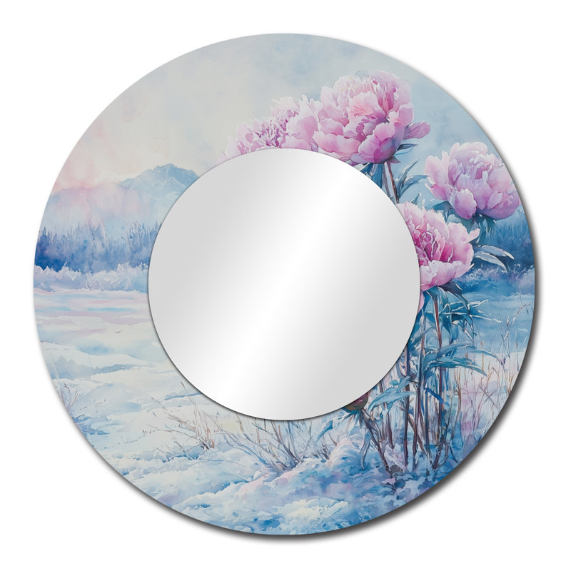 Pivoines dans un champ couvert de givre I - décoration murale miroir floral - imprimé sur métal, 29 po x 29 po