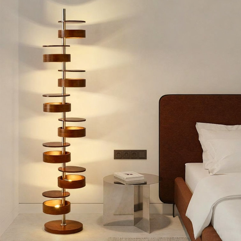 Solid Wood Art High-End Bedroom Rotating Floor Lamp, Nut Brown