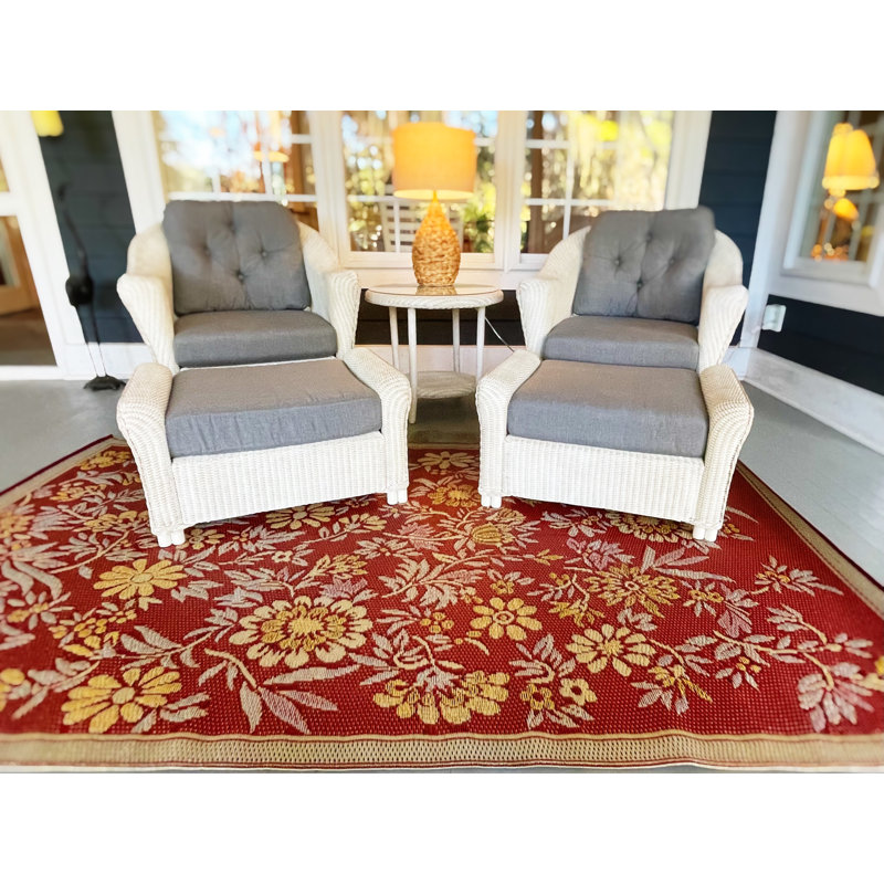 Floral Green & Red Indoor/Outdoor Area Rug - Reversible, UV Resistant, 100% Recycled Material, Rectangle 6' x 9'
