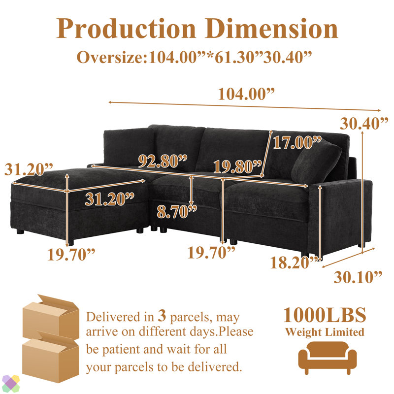 Canapé modulaire en L de 104 po avec rangement sous tous les sièges, Noir
