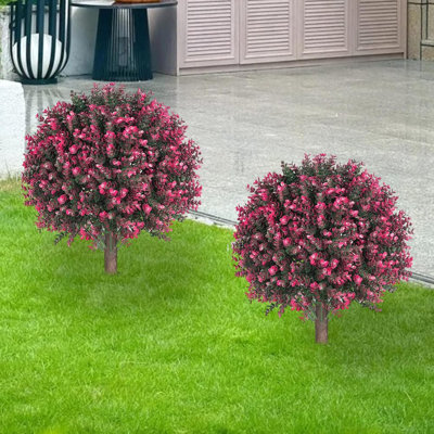27inch Artificial Pink Eucalyptus Topiary Ball Trees, UV Resistant Fake Evergreen Shrubs Bushes Plants with Ground Spike, Fake Plants for Outdoor Indoor Front Porch Garden Set of 2