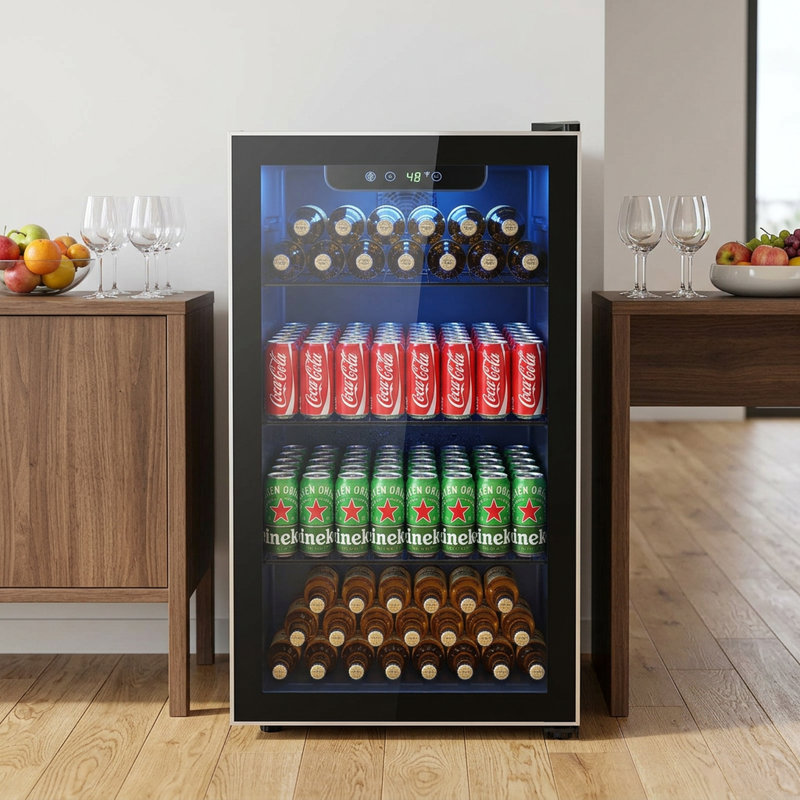 17.32'' W 3.2 Cu.ft Mini Fridge, Beverage Refrigerator 26 Bottle/113 Can Capacity, Touch Button, 32°F-61°F, Quiet <38dB, LED, Removable Shelves