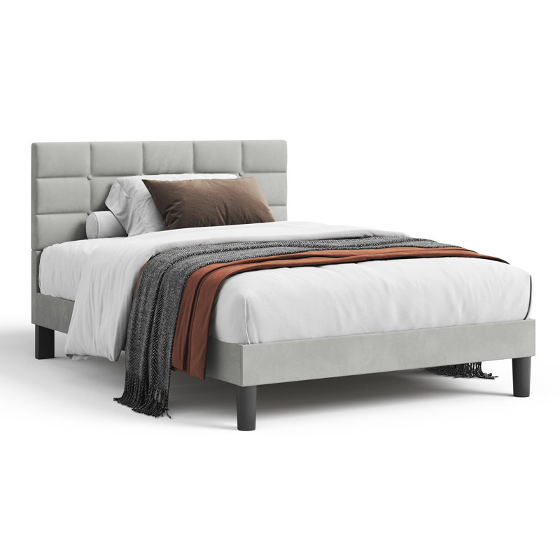 Velvet Upholstered Platform Bed with Headboard, Double (4'6)