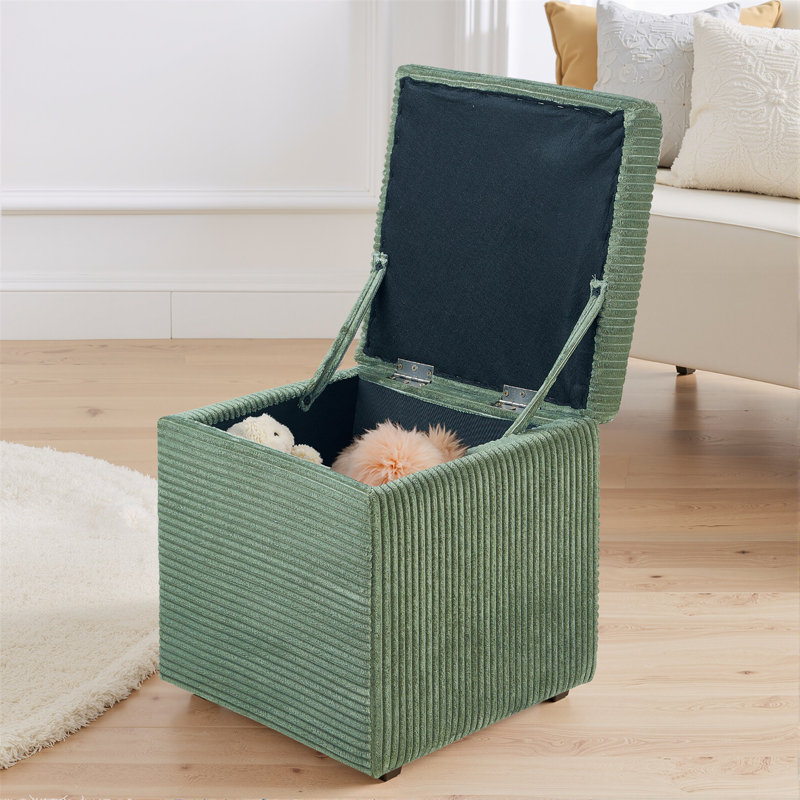 Corduroy Cube Ottoman Foot Rest With Hidden Storage – Small Square Storage Ottoman Bench For Bedroom Or Living Room, Green