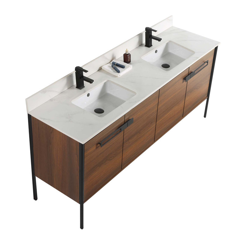 72 Double Bathroom Vanity, Matte Black, Walnut Ebony
