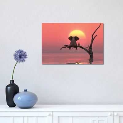 Éléphant et chien assis sur un arbre au coucher du soleil rouge par Mike Kyiv - reproduction d'art
