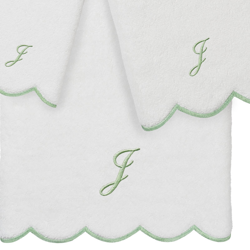  Ensemble de serviettes personnalisées 100% coton ADORNIA, J, Blanc/vert, Ensemble 3 serviettes de bain