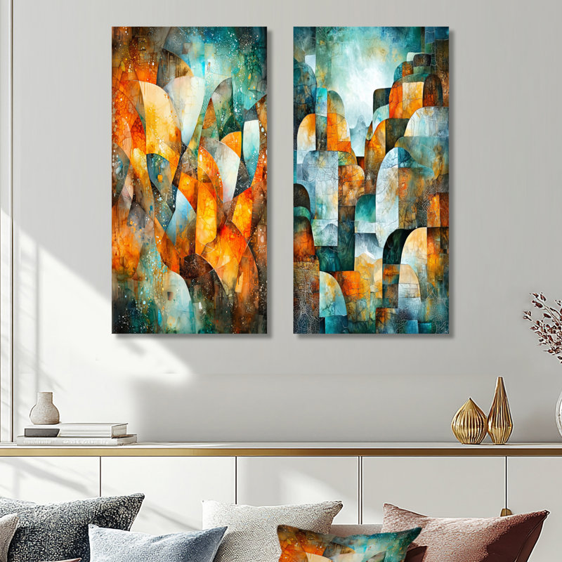 «Green Orange Prismatic Maze» - art mural abstrait en métal 2 pièces, 32" H x 32" W