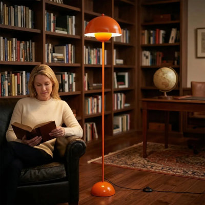 Industrial Metal Shade Pastel Orange Floor Lamp With Foot Switch Modern Tall Standing Lamp For Living Room