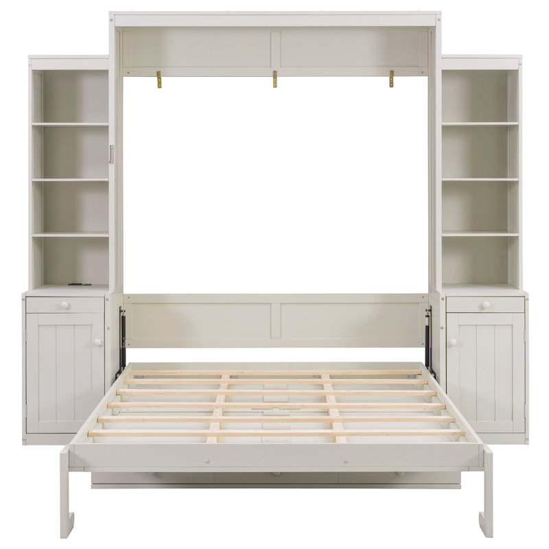 Grand lit escamotable avec bureau et rangement, lit mural avec armoires et tiroirs, Blanc