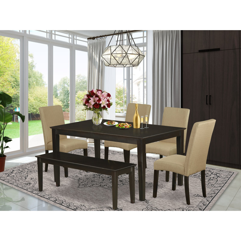 6 Piece Dining Room Table Set Contains a Rectangle Kitchen Table and 4 Brown Linen Fabric Parson Chairs with a Bench, Cappuccino